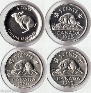 1967 Rabbit PL   1963 PL   1969 BU   1970 BU Canadian Nickel Coins