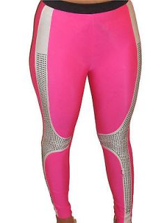 Sexy pink & white lycra stud leggings celeb disco pants 8 10 12