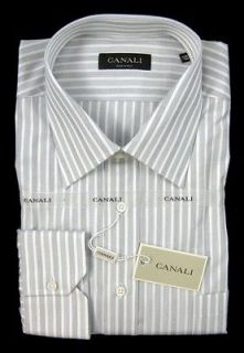 New CANALI Italy White Striped Cotton Slim Fit Dress Shirt 17 43 NWT $