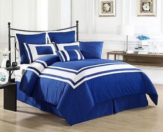 Lux Decor BLUE Bedding 8 Pieces Comforter Set, with White Stripe Bed