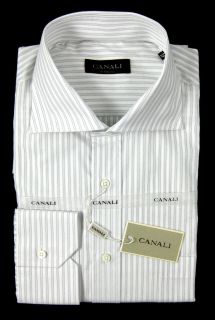 New CANALI Italy White Gray Stripe Cotton Dress Shirt 17 43 NWT $325