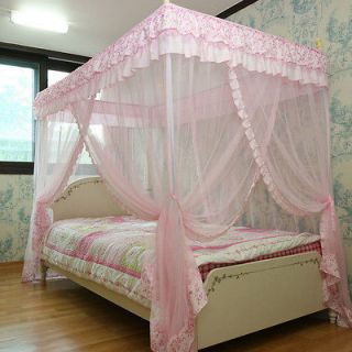 Pink Luxury 4 Post Lace Bed Canopy Set Mosquito Net 125x205 Single