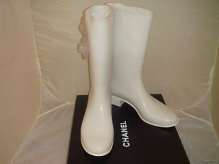 NIB AUTHENTIC Chanel White Glitter Rubber Rain Boots Camelia CC Logo