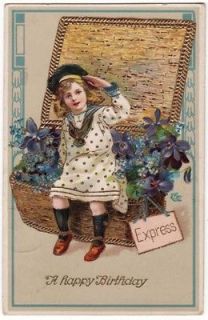 Post Card Cute Girl In Wicker Flower Basket Birthday