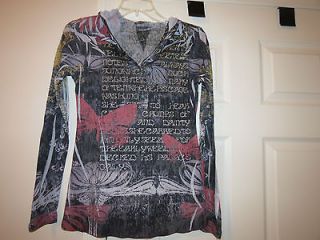 CASUAL FREEDOM Printed Semi Sheer Hooded Long Sleeve Top Size S