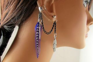 Unique Ear Cuff Purple Feather Black Chain Non Pierced and Earring