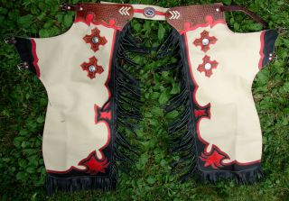 RIDING HORSE RODEO CHAPS LEATHER BEIGE BLACK RED SUEDE KID YOUTH SIZES