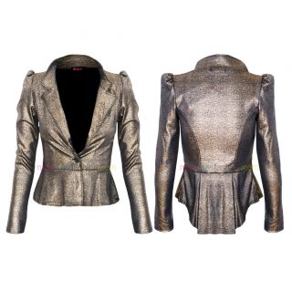 Womens Metallic Gold Multitone Shimmer Crop Peplum Jacket Blazer Coat