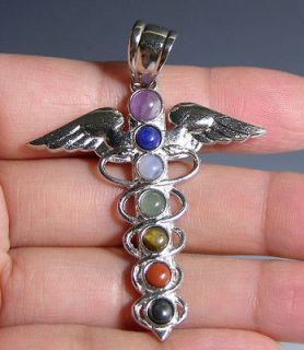 Inlay Chakra Caduceue Pendant Silver Plated Goddess Gemstones Wicca 1