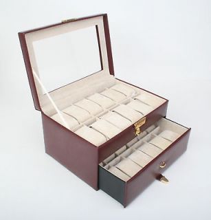 Jewelry Collection Mens Burgundy Leather Holds 24 Watch Box Watches