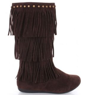 Gray Fringe Boots Indian Moccasin Studs Vegan Suede 3 Tier Studded