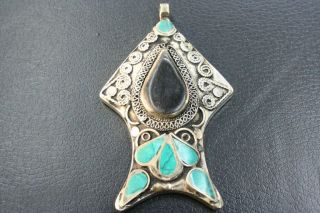 AFGHAN TRADITIONAL ONIX & TURQUOISE FISH DESIGN PENDANT
