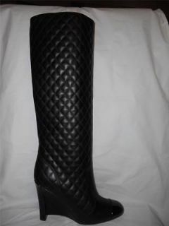 CHANEL Black Quilted Leather Patent Cap Toe Wedge Tall Knee High Boots