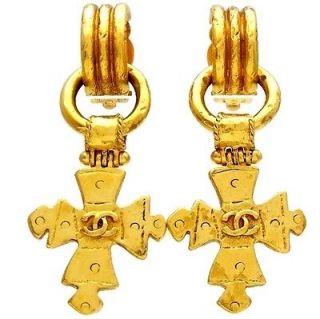 Authentic vintage Chanel earrings CC logo cross dangle double C COCO #