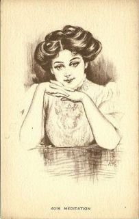 Old Postcard   Sketch of a Young Woman   Meditation