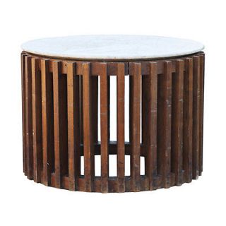 Marble Top Wooden Slat Round Barrel Side End Table