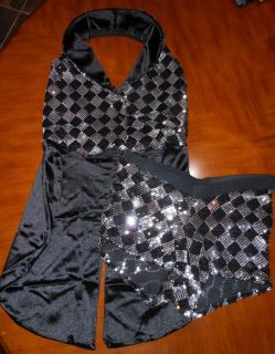 Marcea Sequined Black Silver Dance Jazz Costume Vest Booty Shorts