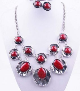 Set Antique Silver Red Bib Necklace Earring Jewelry Set BF A1170 2