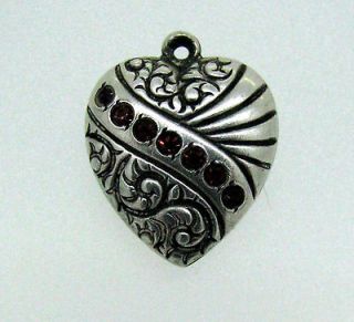 Victorian Repousse Puffy Heart Seven Red Stone Sterling Silver Charm