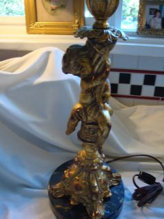 ADORABLE VINTAGE CHERUB PUTTI TABLE LAMP IN GOLD LEAF AND FAUX MARBLE