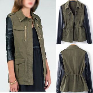 Military Green Women Contrast Faux Leather Sleeve stud Collar Blazer