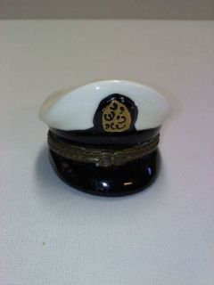 Ceramic trinket box Ships Captain Hat, black, white, brass braid