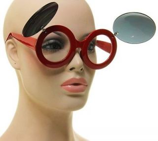 Oversized Round Mickey Flip Up Clear Lens Thick Red Frame Sunglasses