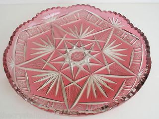BOHEMIAN VINTAGE CRANBERRY PINK CASED CUT TO CLEAR CRYSTAL PLATE BOWL