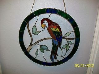 Vintage estate Stained Glass round shaped panel beautiful Parrot