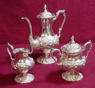 STERLING SILVER DEMITASSE COFFEE SET 3 PIECE HAND CHASED REPOUSSE
