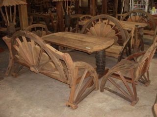 NICE OUTDOOR RUSTIC WAGON WHEEL TABLE AND BENCH SET