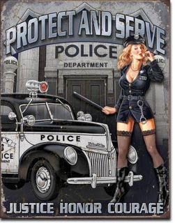 Police Department Tin Sign Pinup Girl Protect & Serve