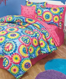 TIE DYE PEACE SIGN BEDDING COLLECTION COMFORTER & SHEET SETS IN TWIN
