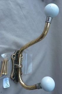 Coat Hook vintage brass with porcelain tips 6 1/2h x 4 from wall