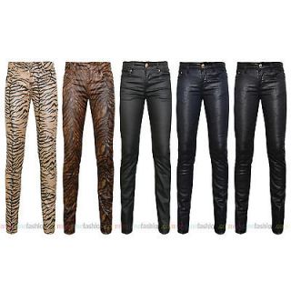 Womens Zebra Striped Distressed PU Coated Skinny Slim Denim Jeans 6 8