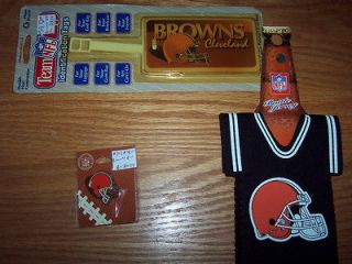 CLEVELAND BROWNS 3 PIECE FAN LOT (NEW) BOTTLE JERSEY,LUGGAGE TAG, PIN