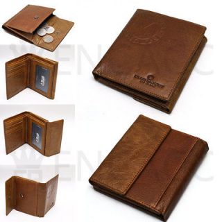 Mens Brown Genuine Leather Bifold Wallet Purse Coin Pocket Zippered