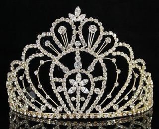 RHINESTONE CRYSTAL CROWN TIARA W/ COMBS PAGEANT PROM BRIDAL H469 GOLD