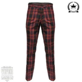 Relco Red Tartan Retro Sta Press Mod/Skin/Golf Trousers Sizes 26   40