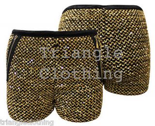 Sparkling Gold Sequin Hot Pants Shorts Party Zip Knitted Stretch