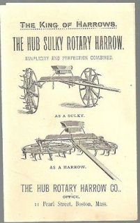 1880 HUB ROTARY HARROW SULKY Single & Double Horse Farm Equipment