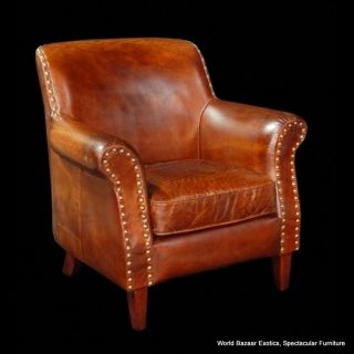 34 Wide club chair vintage brown cigar Italian leather comfort