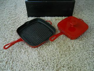 Cast Iron RED Enamel Enamelware TECHNIQUE Skillet w/Lid Ribbed Smooth