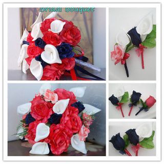 21pcCoral Navy Bridal Bouquet Corsage,Boutonniere.Wedding Silk Flower
