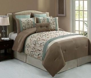 8pc Taupe/Aqua/Bei ge Floral Embroidered Comforter Set Full Queen King