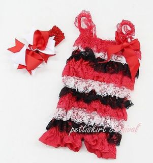 Newborn Baby Girls Red White Lace Petti Rompers Straps Bow Headband