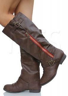Dark Tan Faux Leather Side Zipper Knee High Riding Flat Boots Costa