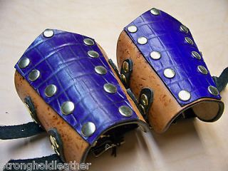 Leather Tan Blue Croc Wrist Cuff Bracer Pair Rivets Costume LARP NEW