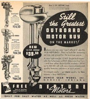1938 Neptune Outboard Boat Motors 1.2 hp Vtg Print Ad