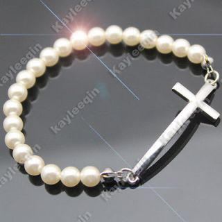 Fab Silver Cross Crucifix Sideways Pearl Bridal Bracelet Bangle